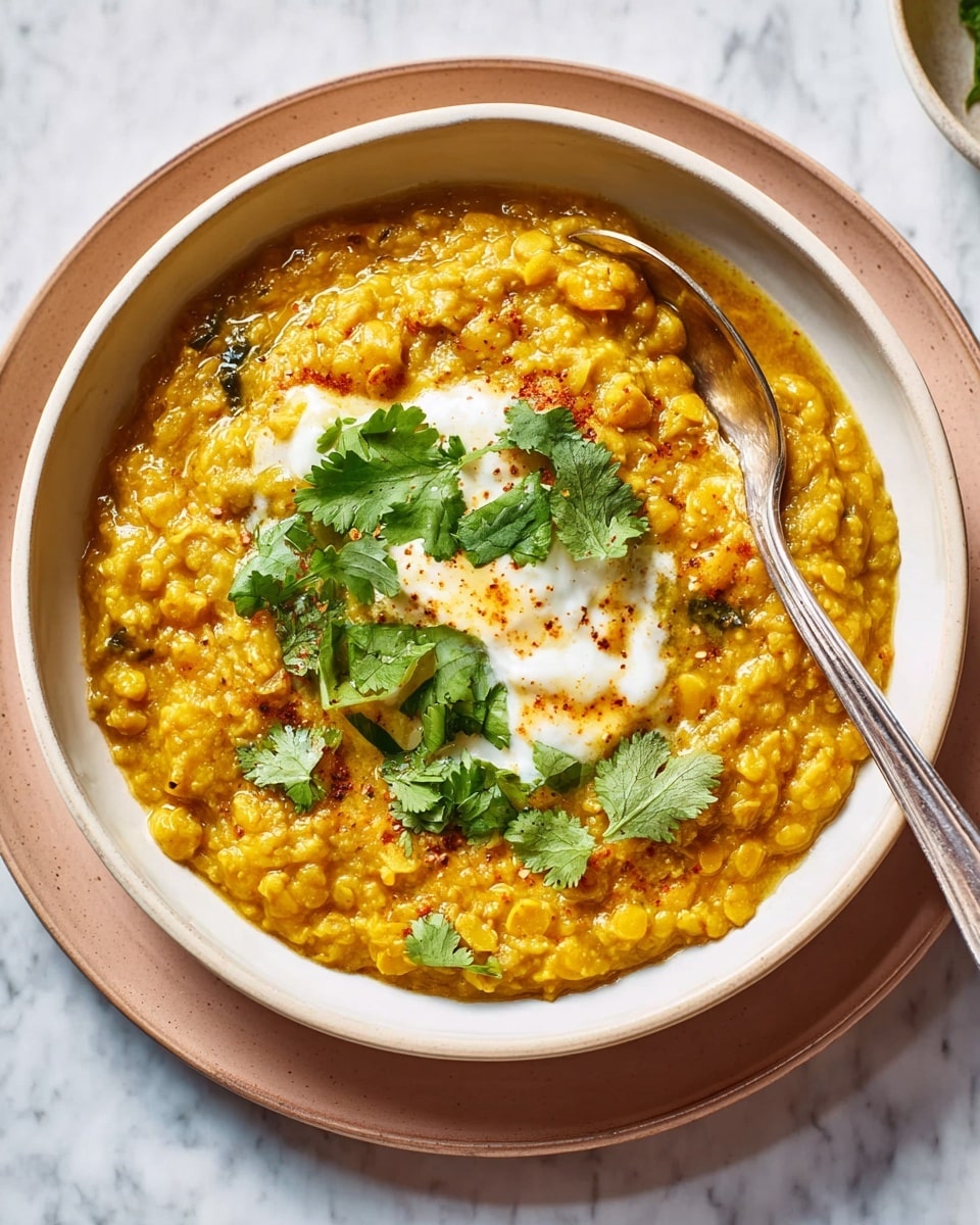 A shallow white bowl filled with a thick, creamy yellow lentil curry that has a textured, slightly chunky surface. On top, there is a dollop of smooth white yogurt in the center, sprinkled with small flakes of black pepper. Fresh green cilantro leaves are placed over the yogurt, adding a bright contrast. A silver fork stands inside the bowl, partially submerged in the curry on the right side. The bowl is set on a soft pink cloth, lying on a white marbled surface. Photo taken with an iphone --ar 4:5 --v 7