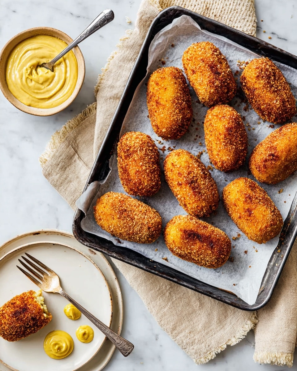 The image shows a black baking tray lined with gray parchment paper, filled with ten golden brown breaded croquettes evenly spaced out. To the upper right of the tray, there is a small white bowl with a thin brown rim filled with a smooth light yellow dipping sauce and a spoon inside. Below the bowl on the right side, a round white plate with a thin brown rim holds a partially eaten croquette with a silver fork resting on the plate next to small bits of the croquette and dollops of light yellow sauce. The tray rests on a light beige cloth with frayed edges on top of a white marbled surface. photo taken with an iphone --ar 4:5 --v 7