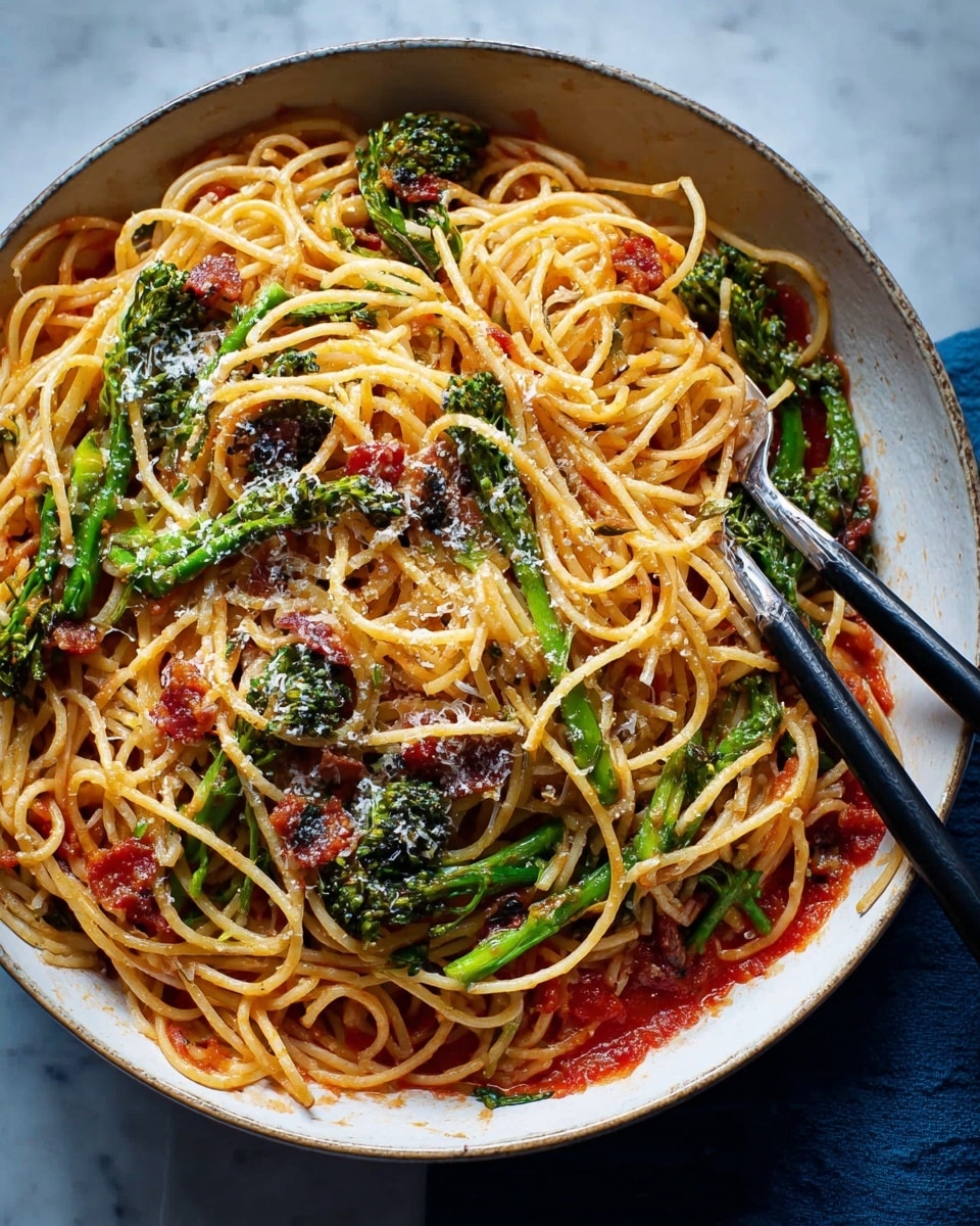 A white plate full of spaghetti pasta mixed lightly with red tomato sauce, scattered with small green broccoli florets and leafy parts. On top, a light sprinkle of grated cheese is spread evenly, adding texture. Small bits of a red ingredient, possibly sun-dried tomatoes or bacon, are spread throughout the dish. A silver pasta fork and spoon rest on the right side of the plate, partly twirling some spaghetti strands. The plate sits on a white marbled surface. photo taken with an iphone --ar 4:5 --v 7