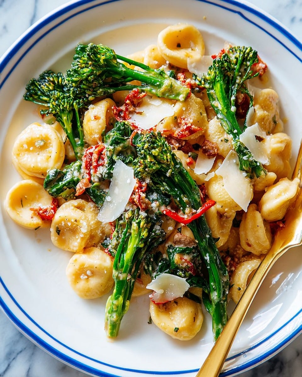 The dish is served on a white plate with a blue rim and features three main layers: at the base are small, round orecchiette pasta pieces that are light beige with a slightly rough texture, mixed with a creamy, light brown sauce containing small bits of crumbled sausage. On top of this are bright green broccolini stalks that are tender but still firm, scattered evenly. The final layer consists of thin, irregular slices of white cheese and small, round slices of red chili pepper that add contrast and a pop of color. A gold fork is placed on the left side of the plate, partially resting on the pasta. The dish is presented on a white marbled surface. photo taken with an iphone --ar 4:5 --v 7