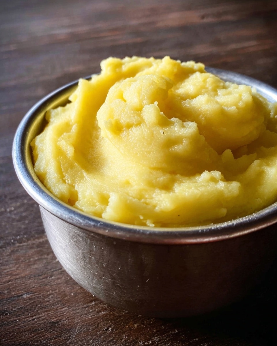 A small metal bowl filled with a thick, smooth yellow paste that looks creamy and slightly glossy, with soft peaks and gentle folds on the surface. The paste appears dense yet spreadable, taking up most of the bowl's volume, and has a bright, warm yellow color. The background is a dark wooden texture that contrasts with the bowl. photo taken with an iphone --ar 4:5 --v 7