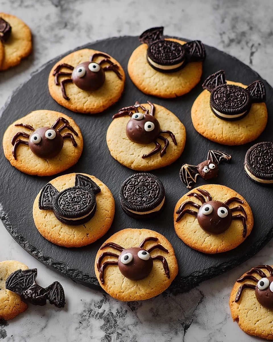 A round black plate holds seven golden brown cookies evenly spaced. Each cookie is decorated as either a spider or a bat. Five cookies have chocolate spider bodies made of two round chocolate balls, with white and dark chocolate stripes on the back and eyes on the head. The spider legs are drawn with dark chocolate around the body on the cookie surface. Two cookies are decorated as bats, with a round chocolate piece that has eyes in the center top of the cookie, and two black and white Oreo cookie halves as wings attached to the chocolate piece. The plate rests on a white marbled surface. Photo taken with an iphone --ar 4:5 --v 7
