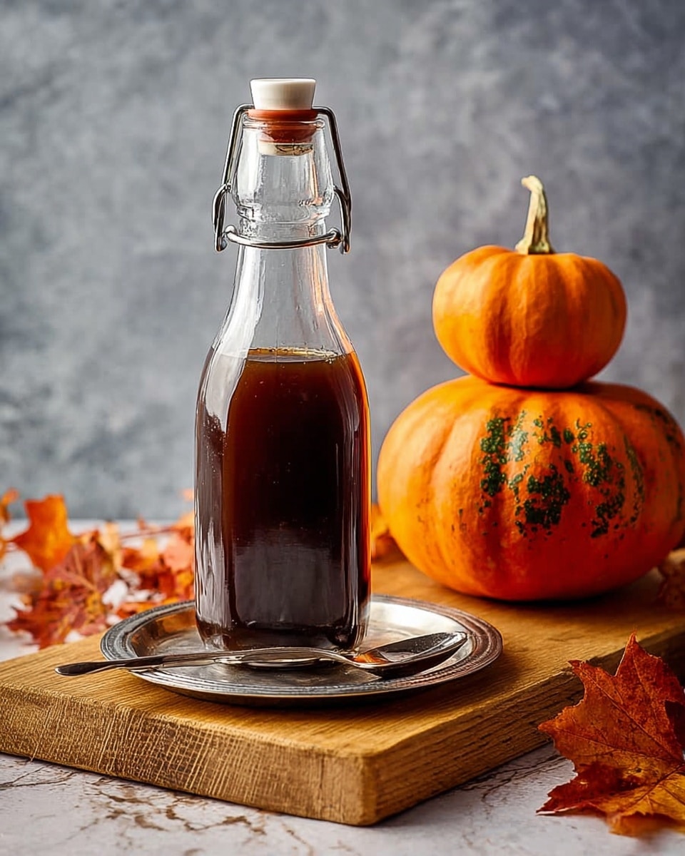 The image shows a clear glass bottle filled halfway with dark brown syrup. The bottle has a metal clasp top and sits on a black metal tray with a small silver spoon resting on the tray. The tray is placed on a wooden cutting board. To the right of the bottle, there are two pumpkins stacked—one bright orange on top and a smaller greenish-yellow one below. Around the pumpkins and the board are dried orange and brown leaves scattered on a white marbled surface. The background is a plain gray wall. photo taken with an iphone --ar 4:5 --v 7