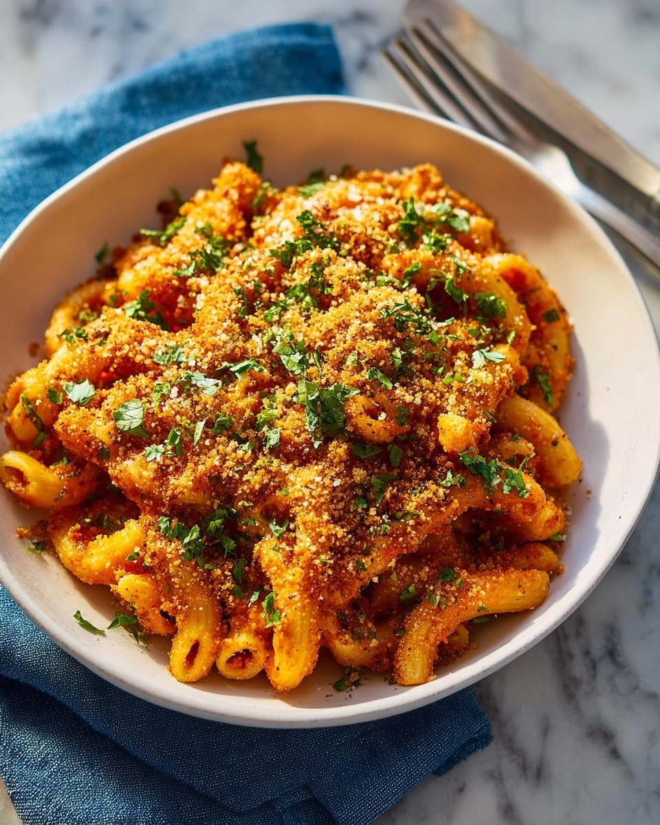 A white bowl holds pasta with a reddish-brown sauce mixed throughout, topped with a golden crumb layer that looks crispy and sprinkled with small green herb pieces. The pasta shapes are short and slightly curly, coated evenly with the sauce. The bowl sits on a folded blue cloth, with a silver fork placed next to it on a white marbled surface. Bright sunlight casts soft shadows around the bowl, highlighting the textures of the pasta and toppings. photo taken with an iphone --ar 4:5 --v 7