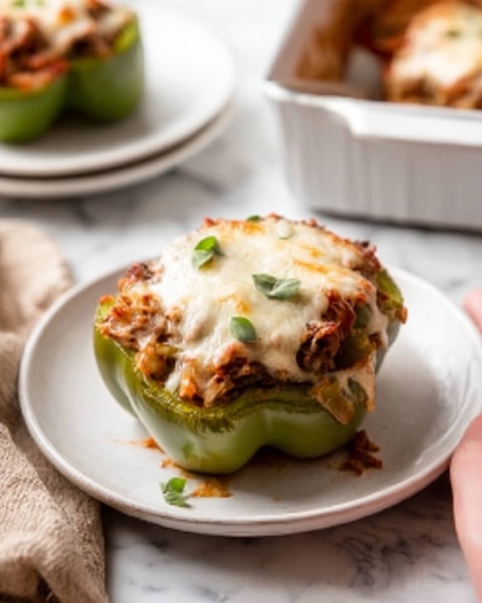 A white plate holds one stuffed bell pepper cut in half, placed at the center. The pepper layer is green and fresh, filled with a mix of cooked ingredients including a visibly chunky red tomato sauce topped with a melted layer of golden brown cheese that covers the top completely. Small cut pieces of green herbs sprinkle the cheese for a fresh touch. The plate rests on a white marbled surface with a soft light gray cloth and a white baking dish visible in the background. Photo taken with an iphone --ar 4:5 --v 7