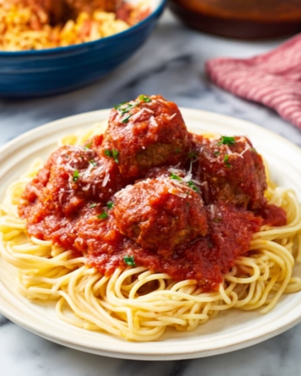 A white plate filled with a bed of yellow spaghetti noodles topped with three large brown meatballs covered in thick, red marinara sauce with visible tomato pieces and a sprinkling of light brown grated cheese on top; the plate is placed on a white marbled surface, with a dark blue bowl containing more meatballs and sauce blurred in the background. Photo taken with an iphone --ar 4:5 --v 7