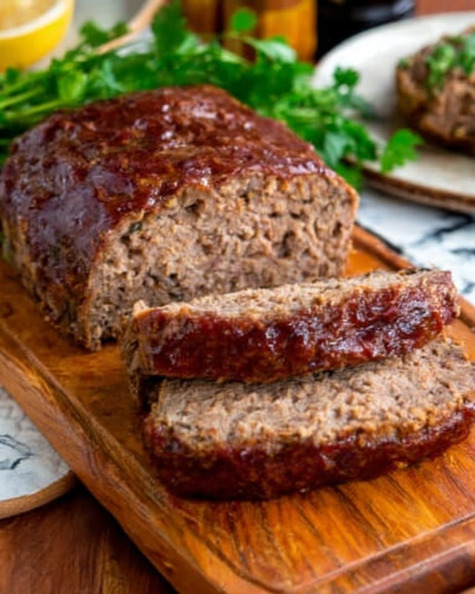 The image shows a round loaf of meatloaf on a wooden cutting board with three thick slices cut from the front, revealing a dense, brown inside with a slightly moist texture. The outside of the meatloaf is darker brown and glistening with a shiny glaze. There is a small bunch of fresh green parsley on the right side of the board. The background is a white marbled texture with a glimpse of a white plate and some green herbs blurred in the back. Photo taken with an iphone --ar 4:5 --v 7