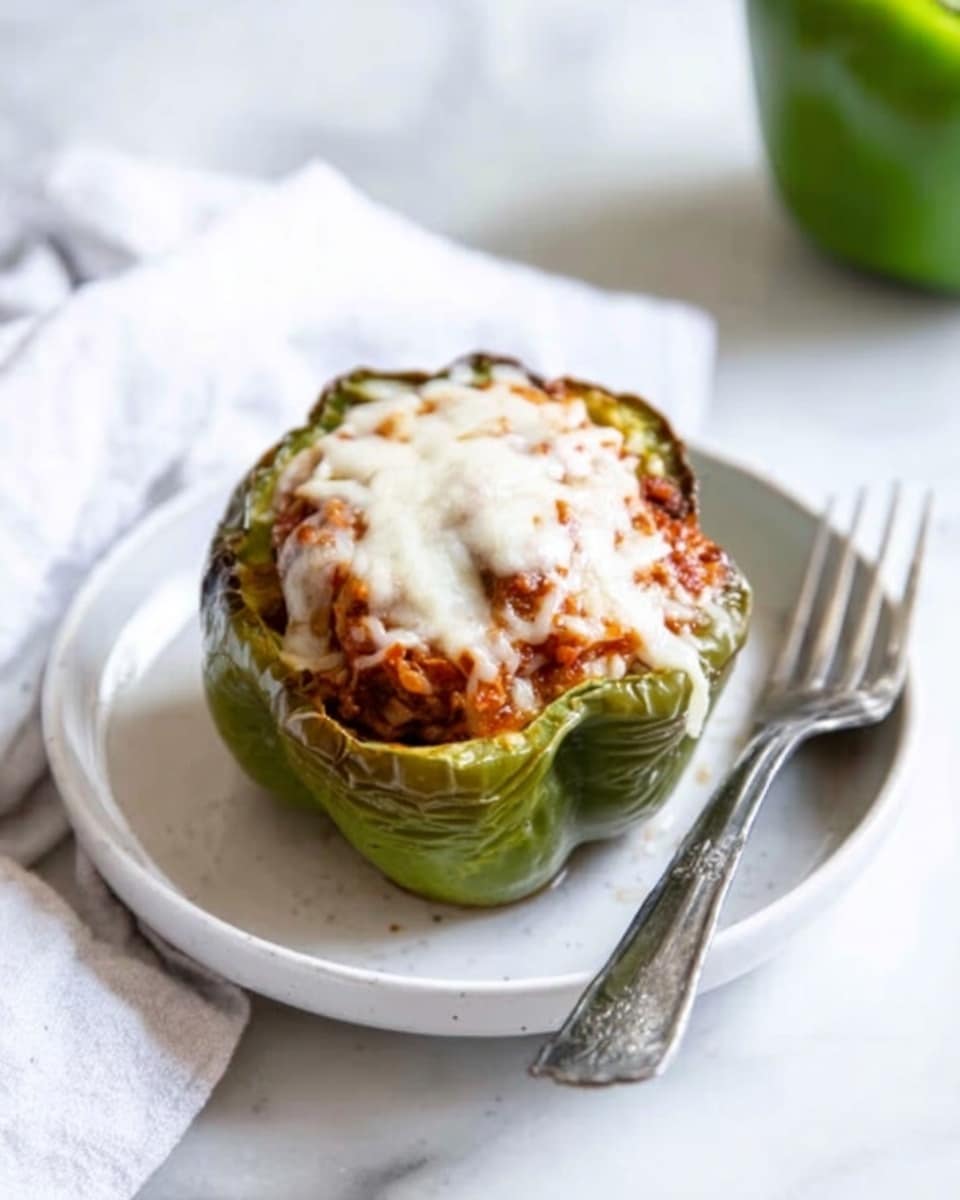 A white plate holds a single stuffed green bell pepper cut in half. The pepper is filled with a mixture that has a browned, slightly crispy top layer under a thick layer of melted white cheese. The pepper's green skin is visible around the edges, showing some roasted spots. The plate sits on a white marbled surface with a beige cloth napkin nearby and a silver fork resting beside it. A blurred lime is partly visible in the upper left corner of the image. Photo taken with an iphone --ar 4:5 --v 7