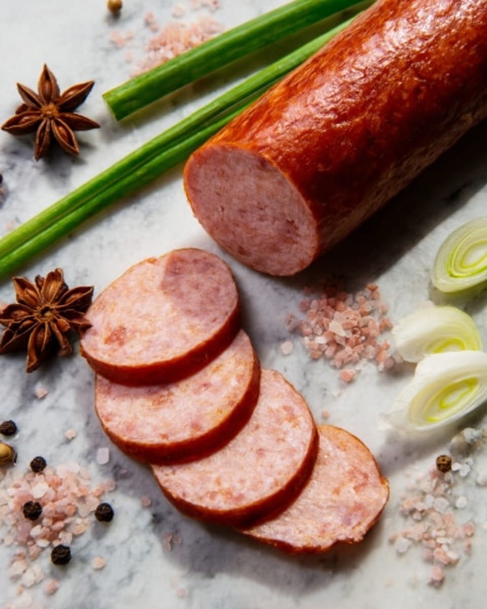 The image shows a partially sliced sausage on a dark surface with a white marbled texture background. The sausage is reddish-brown on the outside with a light pink and finely textured inside. Several thin slices fan out in front of the main piece, showing a consistent light pink color with small bits inside. Around the sausage, there are mixed whole spices including peppercorns and anise, as well as some coarse salt. In the background, a cluster of green onions adds a touch of fresh green color. Photo taken with an iphone --ar 4:5 --v 7