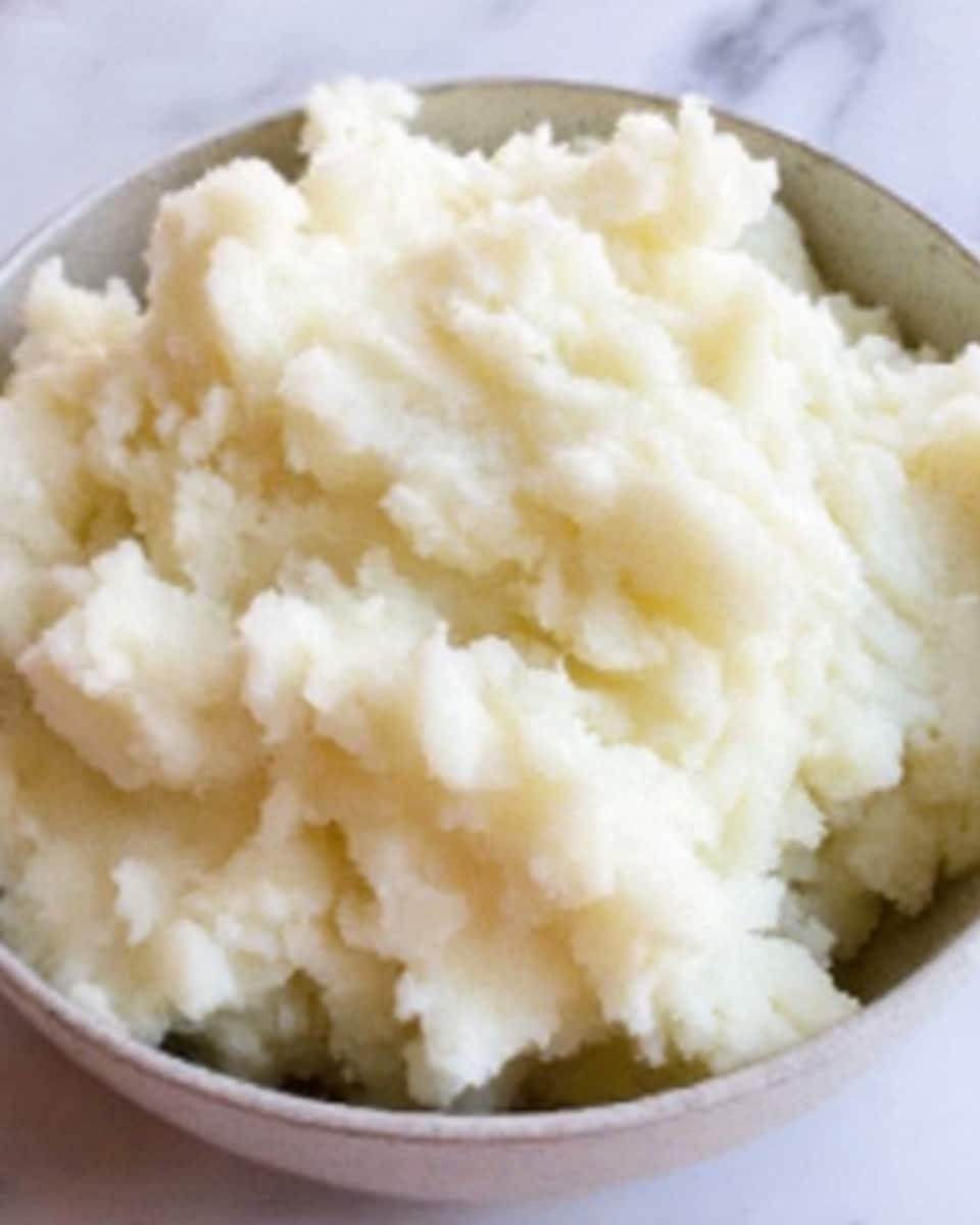 The image shows a close-up of a simple dish of mashed potatoes in a white bowl. The mashed potatoes have a soft, slightly chunky texture with small lumps and a creamy white color. The bowl is filled about halfway, and the white marbled surface underneath adds a clean, bright background that contrasts with the potato texture. Photo taken with an iphone --ar 4:5 --v 7