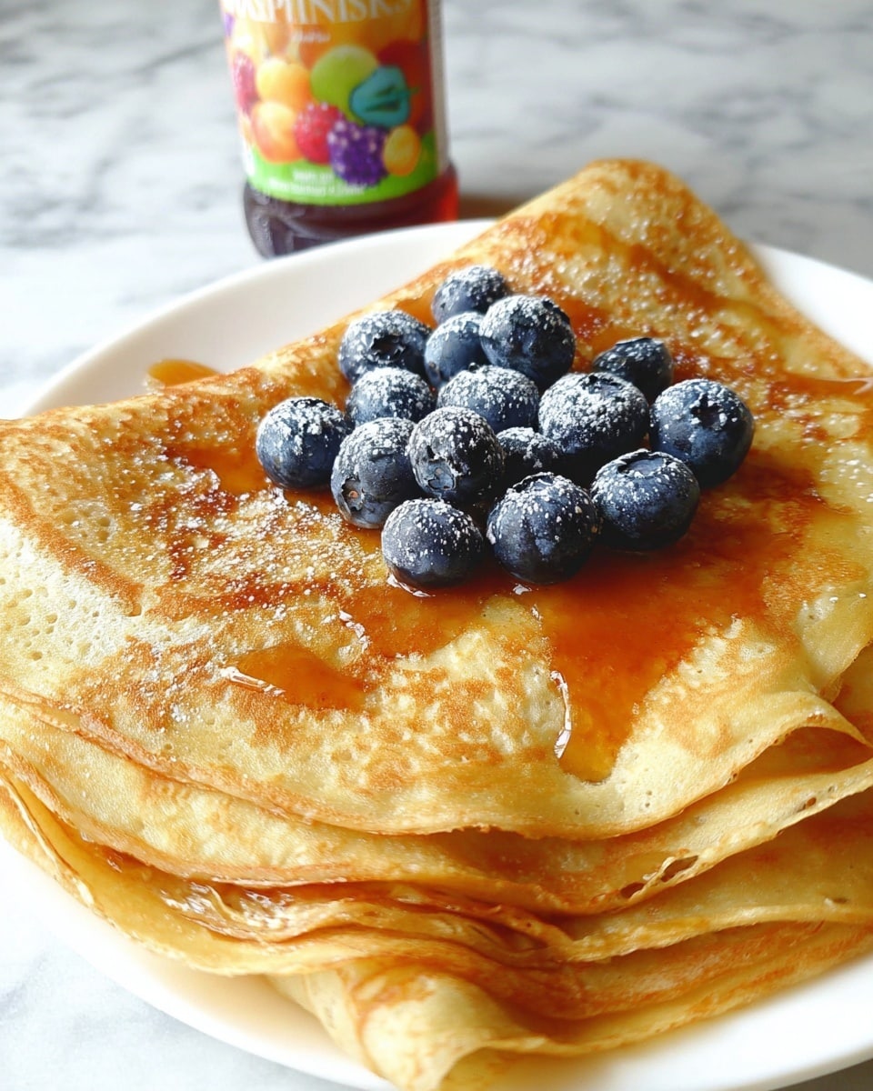A stack of three golden brown crepes lies on a white plate, with the top crepe folded slightly on one side. The surface of the crepes is smooth with some light spots and a glossy shine from syrup. On top, there is a small pile of fresh blueberries dusted with powdered sugar, adding a deep blue contrast to the warm tones of the crepes. In the background, there is a clear glass filled with a brownish drink and decorated with a colorful label. The whole scene is set on a white marbled surface. photo taken with an iphone --ar 4:5 --v 7