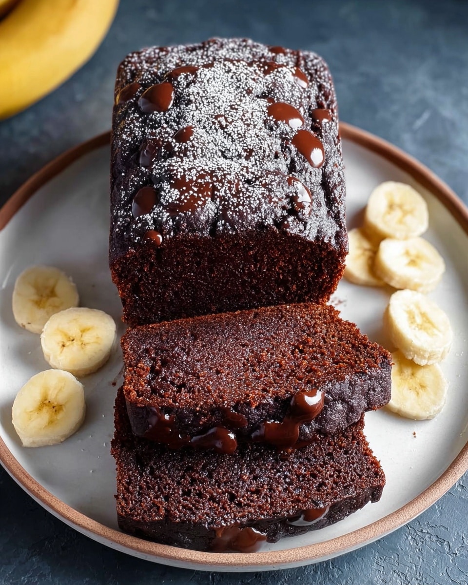 A white oval plate holds three thick slices of dark chocolate banana bread stacked slightly unevenly. The top of the bread is dusted with powdered sugar and has glossy chocolate sauce drizzled over it in random drops and small pools. On each side of the bread pieces are three thick banana slices with a pale yellow color and soft texture. The plate sits on a white marbled texture surface with a wooden bowl of bananas and another wooden bowl filled with powdered sugar visible around it. photo taken with an iphone --ar 4:5 --v 7