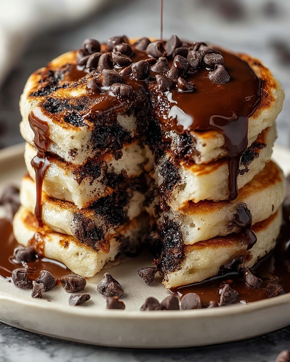 A stack of four thick, fluffy chocolate chip pancakes sits on a white plate, each pancake golden brown with dark chocolate chips inside. On top of the stack, more chocolate chips are piled, while melted chocolate sauce slowly drips down the sides, pooling slightly on the plate. One pancake near the top has a bite taken out, showing the soft, airy inside with chocolate chips spread throughout. Some extra chocolate chips are scattered around the base of the stack on the white marbled surface. photo taken with an iphone --ar 4:5 --v 7
