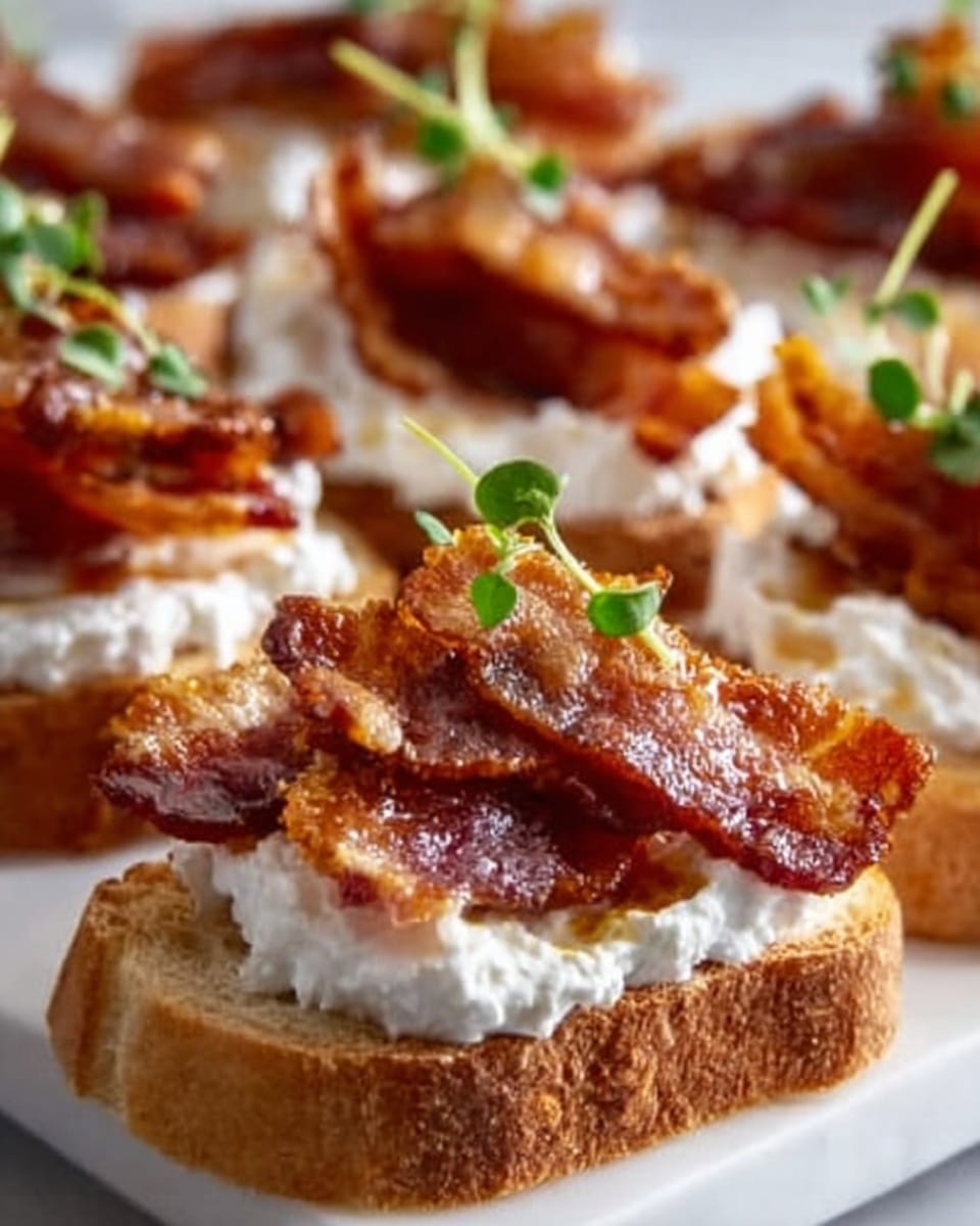 The image shows several small toasted bread slices on a white marbled surface, each topped with three layers. The base layer is a light golden brown toasted bread with a slightly rough texture. The middle layer is a thick, fluffy white cream cheese spread. On top, there are crispy, reddish-brown bacon strips with a shiny, glazed look, and a tiny green herb sprig for garnish. The arrangement is neat, and the focus is close, highlighting the textures and colors vividly. Photo taken with an iphone --ar 4:5 --v 7