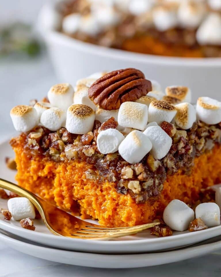 Sweet Potato Casserole with Pecan Topping and Mini Marshmallows Recipe