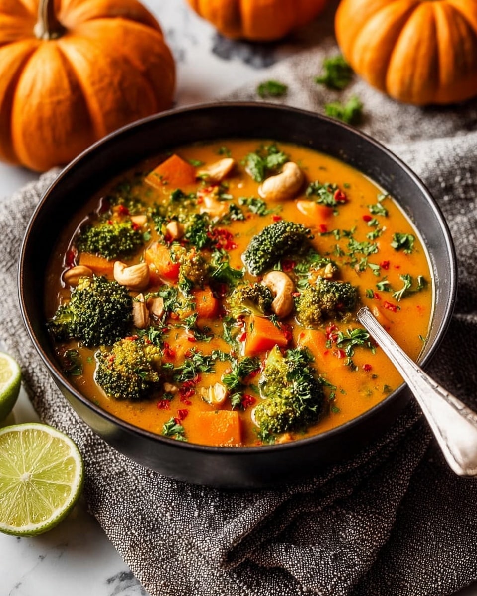 A dark bowl filled with thick orange soup, rich with several bright green broccoli florets and small orange carrot cubes scattered evenly throughout. The soup has a creamy texture with chunks of light-colored tofu or chicken visible beneath the surface. It is topped with fresh chopped herbs and sprinkled with crushed red pepper flakes and whole cashew nuts, adding texture and color contrast. A spoon is resting inside the bowl on the right side, partially submerged in the soup. The bowl sits on a soft beige cloth with two lime wedges in front, small whole cashews, fresh leafy herbs, and two small orange pumpkins are arranged around it on a white marbled surface. photo taken with an iphone --ar 4:5 --v 7