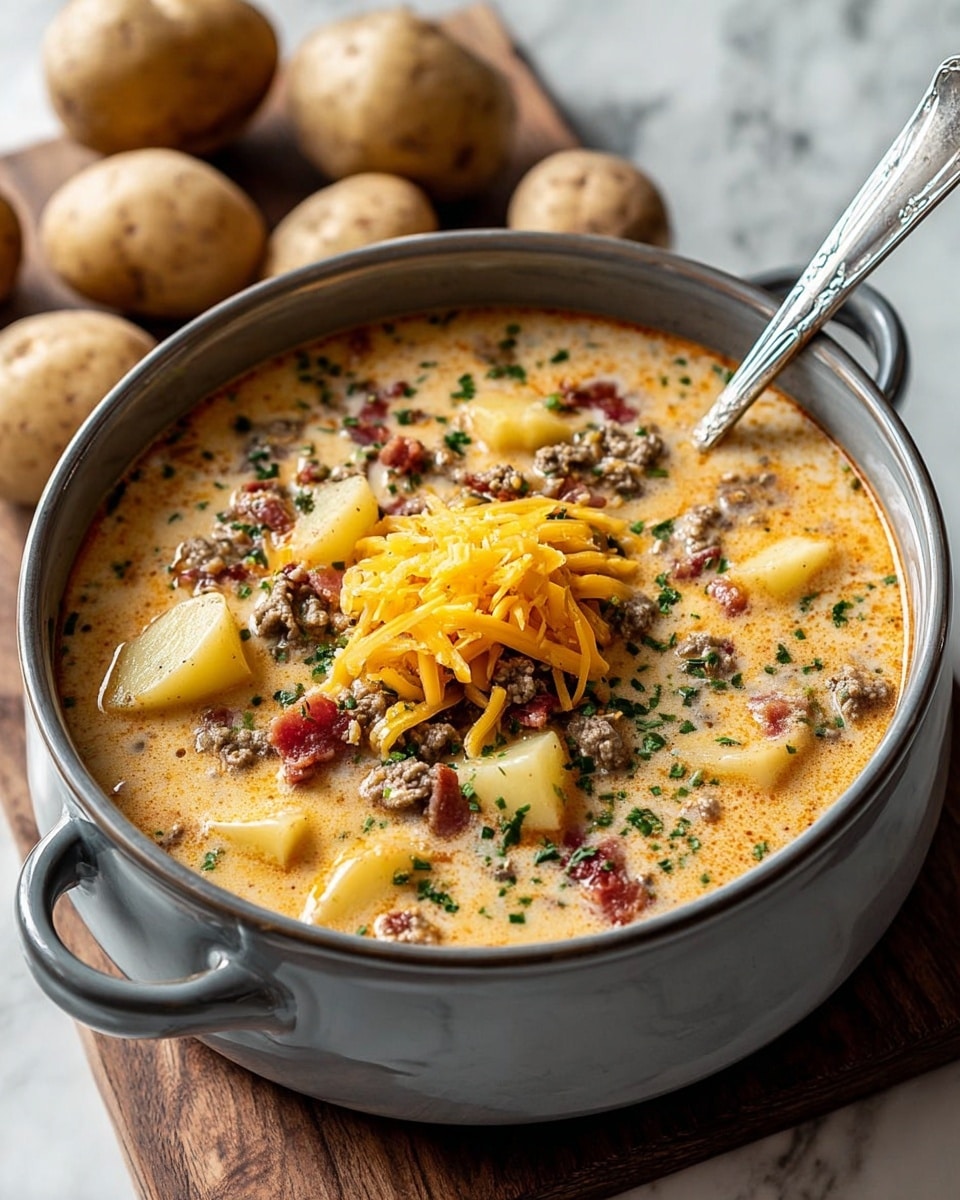 A bowl of creamy soup is shown with visible pieces of browned ground meat, small yellow potato chunks, and bits of crispy bacon scattered throughout. The soup broth has a light orange, creamy texture with herbs mixed in, creating a speckled effect. On top, there is a small heap of shredded cheddar cheese and a sprinkle of chopped green herbs. The bowl is light gray and textured, placed on a wooden board with a silver spoon partially inside, all set on a white marbled surface with small round potatoes blurred in the background. Photo taken with an iphone --ar 4:5 --v 7