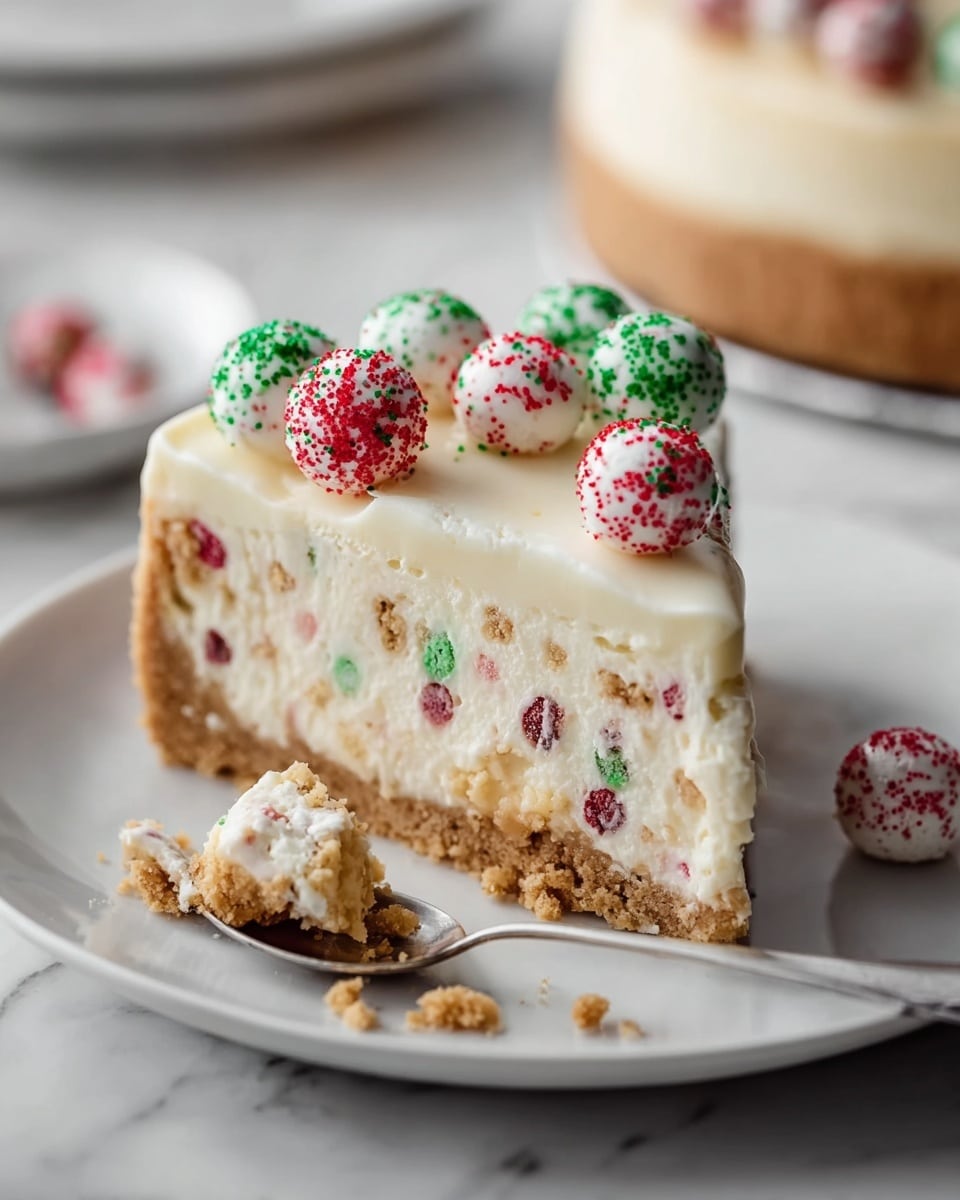 A slice of cheesecake sits on a white plate over a white marbled surface, showing three main layers: a golden brown crumbly base at the bottom, a thick creamy off-white middle layer mixed with small red and green bits, and a smooth white icing layer on top. The icing is decorated with small round cookie balls sprinkled with red, white, and green tiny round candies, matching the colors inside the middle layer. A spoon with a bit of the cheesecake and crumbs rests beside the slice. photo taken with an iphone --ar 4:5 --v 7