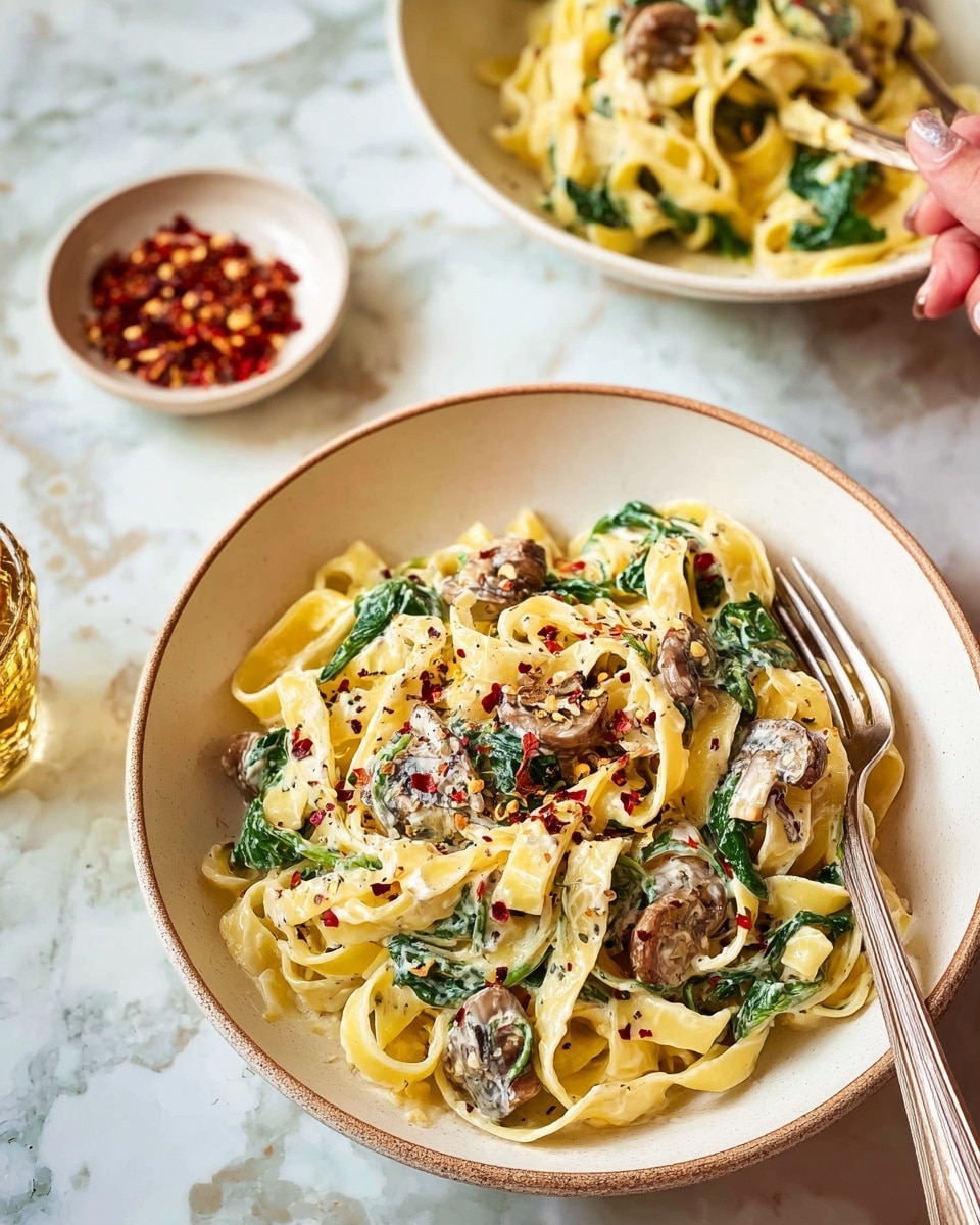 A white bowl is filled with creamy fettuccine pasta that has about three layers: a base of light yellow pasta ribbons, a middle layer of sautéed mushrooms and green spinach leaves mixed into the pasta, and a top layer sprinkled with red pepper flakes for color and texture. The pasta appears coated in a rich cream sauce that makes it shiny and smooth. Next to the bowl is a clear glass of water and a small white dish with more red pepper flakes. In the background, there is another white bowl filled with the same pasta and a fork resting on its edge. The dish is set on a white marbled surface, giving a clean and bright look. Photo taken with an iphone --ar 4:5 --v 7