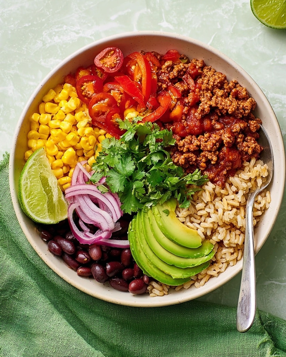 The dish is served in a white bowl with a base layer of brown rice covering the bottom. On top, there are five distinct layered sections arranged in a circle. Starting from the left, there are bright green avocado slices fanned out, next to a pile of yellow corn kernels. In the center, there is a reddish-brown layer of cooked ground meat with visible small red pepper pieces, garnished with green cilantro leaves. Above the meat are halved red cherry tomatoes also topped with cilantro, followed by a dark purple-black pile of black beans. To the right of the beans, thinly sliced red onions are placed. A slice of lime is positioned on the rice near the bottom edge. A silver spoon rests inside the bowl, with the bowl sitting on a white marbled surface next to a green textured napkin. Photo taken with an iphone --ar 4:5 --v 7