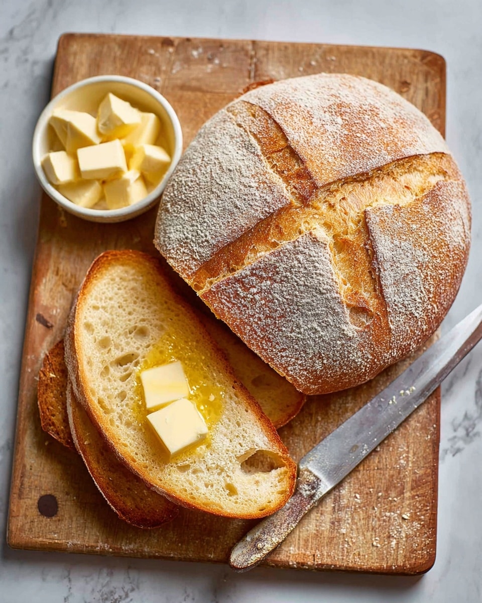 A round loaf of bread, lightly dusted with flour and marked with a cross cut on top, sits on a wooden cutting board. Next to it are three slices of toasted bread with a golden-brown crust, one of which has melted butter spread on it. A small white bowl filled with cubed butter rests beside the slices, and a metal butter knife lies next to the bread. The background is a white marbled texture. photo taken with an iphone --ar 4:5 --v 7