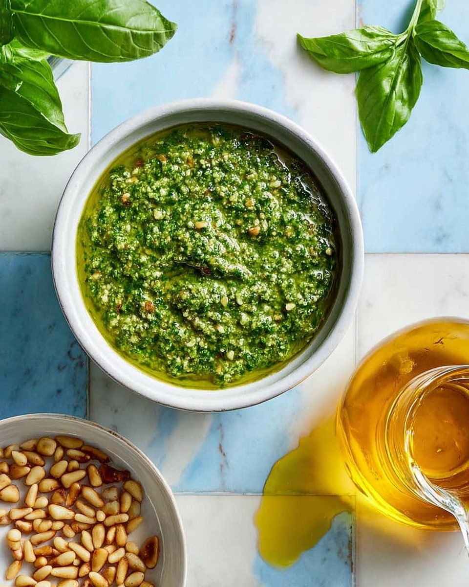 A white bowl filled with thick, vibrant green pesto with a textured appearance showing small bits of nuts and herbs. Below it, a white bowl contains toasted pine nuts and fresh bright green basil leaves on one side, with the nuts scattered on the other. Next to that bowl is a clear glass bottle filled with golden olive oil, showcasing the liquid’s rich yellow color. The background is a checkered white and light blue surface, with some scattered olive oil drops and bits of grated cheese along the edges. photo taken with an iphone --ar 4:5 --v 7