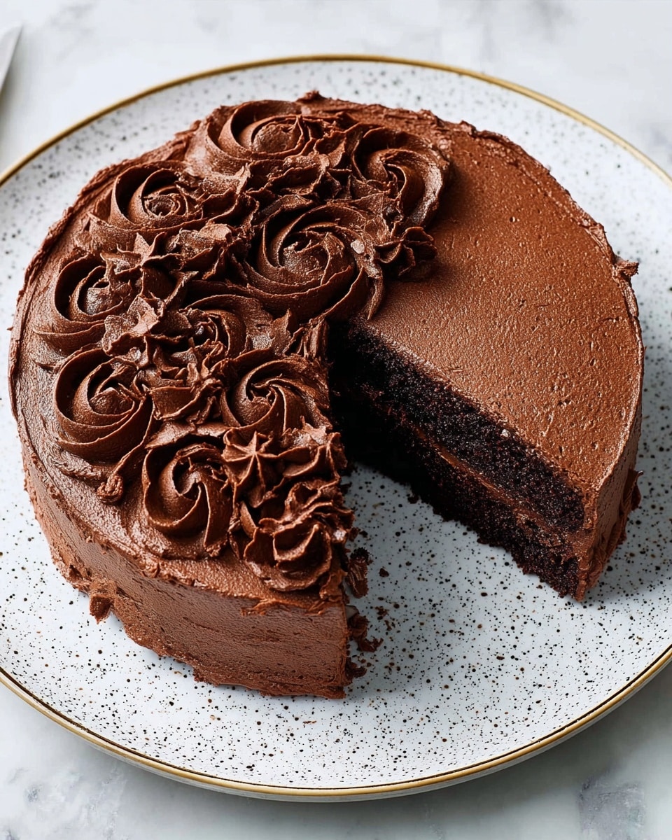 A round chocolate cake with a missing slice sits on a white plate with brown speckles and a thin gold rim, placed on a white marbled surface. The cake has two visible layers of dark brown chocolate sponge with a thick, smooth chocolate frosting layer on top. Around the left half of the top surface, there are decorative swirls of darker chocolate frosting, while the right half is mostly smooth with a small cluster of piped frosting near the bottom edge. Photo taken with an iphone --ar 4:5 --v 7
