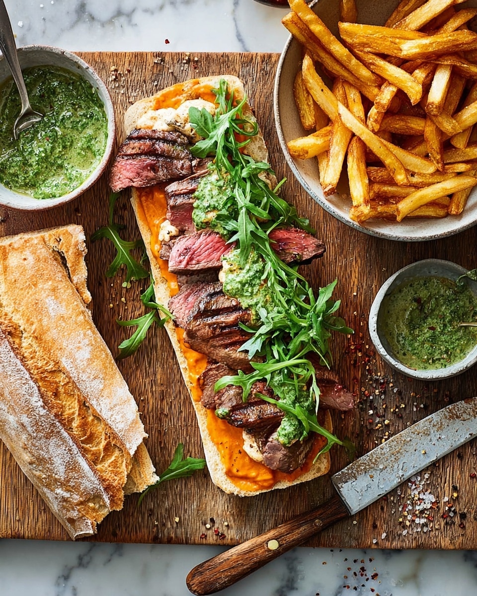 A sandwich is open-faced on a wooden board, with a bottom layer of crusty light brown ciabatta bread, topped with a spread of light orange sauce with a creamy texture. On top of the sauce are thick slices of pink and red rare steak arranged in overlapping layers. Bright green dollops of herb sauce are placed on the steak, and dark green arugula leaves are scattered on top. Next to the sandwich is a long piece of ciabatta bread with a golden crust. To the side, a white plate holds a heap of golden-brown, crispy French fries with some seasoning visible. Above the fries, a small white bowl contains a vivid green sauce with a spoon inside. The scene is set on a white marbled surface with a serrated knife with a brown wooden handle resting on the wooden board. Photo taken with an iphone --ar 4:5 --v 7