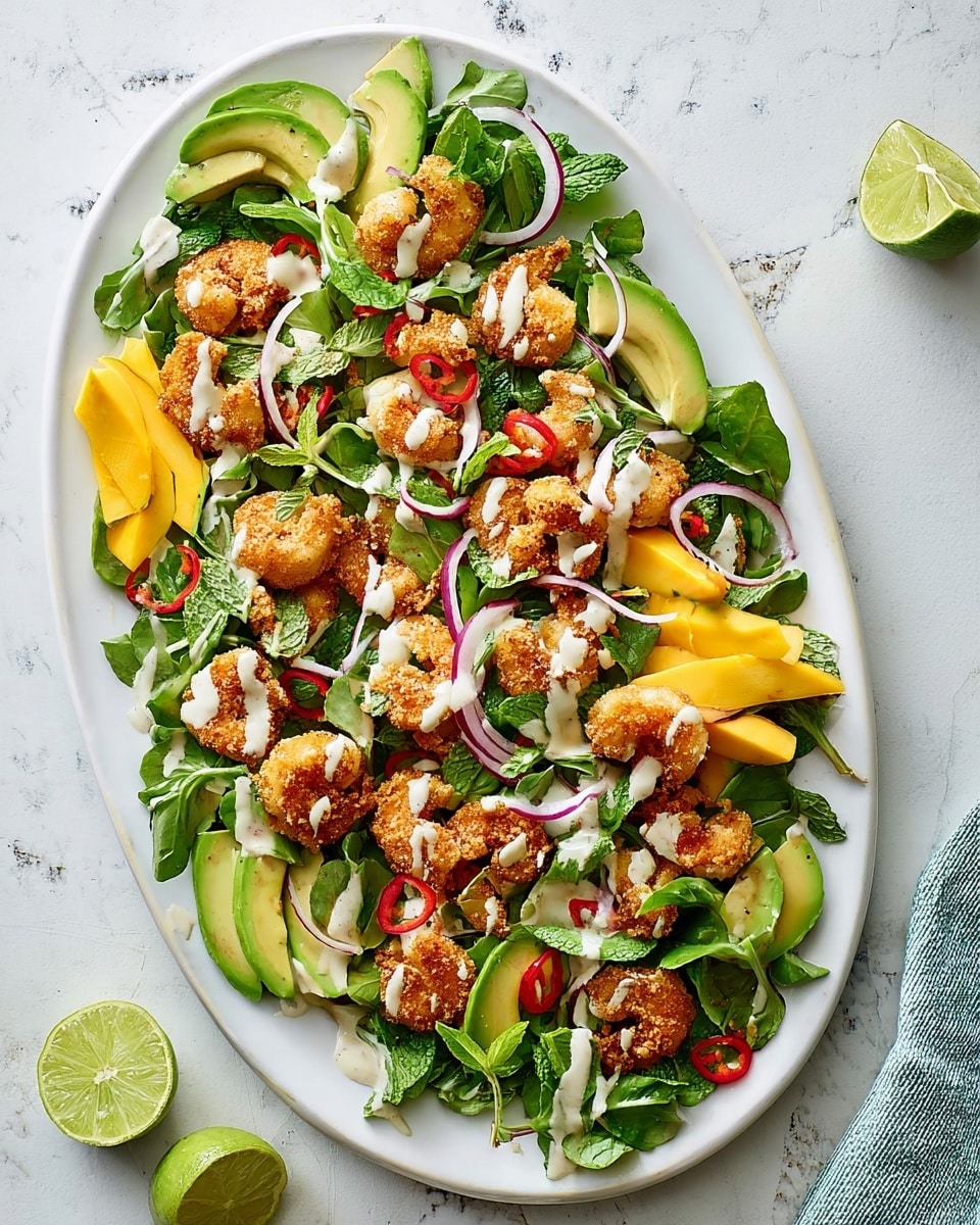 An oval white plate is filled with a fresh salad arranged in layers on a white marbled surface. The base layer consists of green leafy watercress and mint leaves spread evenly across the plate. On top of this, there are slices of yellow mango, light green avocado, thin rings of red chili, and purple onion curls scattered throughout. The top layer features golden-brown fried shrimp pieces, crispy and well-coated, placed uniformly over the salad. A light, creamy dressing is drizzled sparingly over the shrimp and vegetables. Two lime wedges sit on the white marbled surface near the bottom left of the plate. photo taken with an iphone --ar 4:5 --v 7