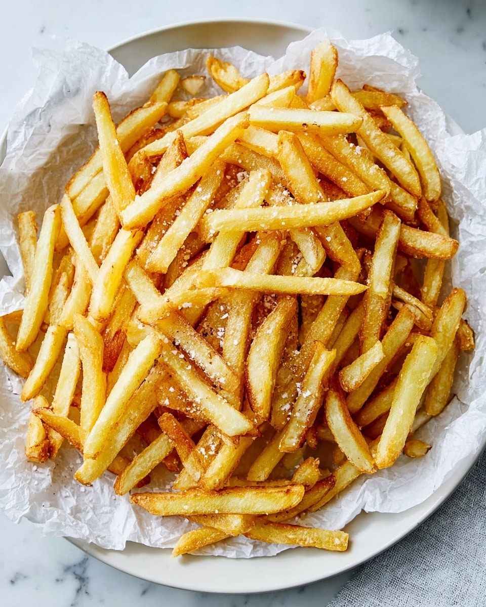A white speckled plate lined with crumpled white parchment paper holds a large pile of golden-brown French fries with a crispy texture, sprinkled lightly with coarse salt, showing a mix of slightly darker edges and lighter centers. The plate rests on a white marbled surface with a light blue cloth peeking from the left side. The fries are thin and unevenly stacked, creating a casual and appetizing look. photo taken with an iphone --ar 4:5 --v 7