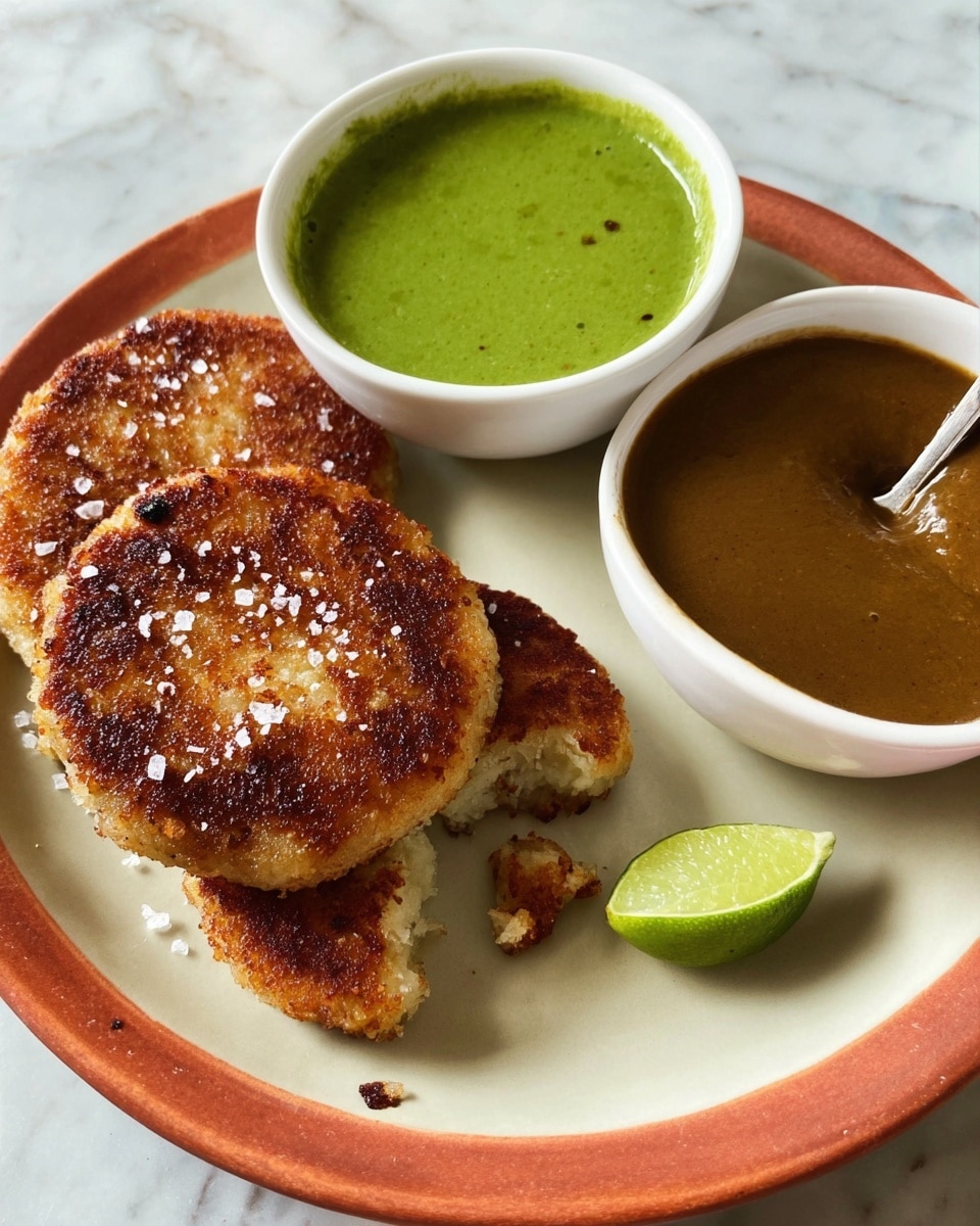 The image shows a white plate with two golden brown, round, crispy patties that have a slightly rough texture, sprinkled with coarse salt. One patty is cut open, revealing a soft, light yellow inside with small dark bits. A green lime wedge sits on the plate next to the patties. Above the plate are two small white bowls, one filled with a smooth bright green sauce and the other with a thick brownish sauce. The entire scene rests on a white marbled surface. photo taken with an iphone --ar 4:5 --v 7