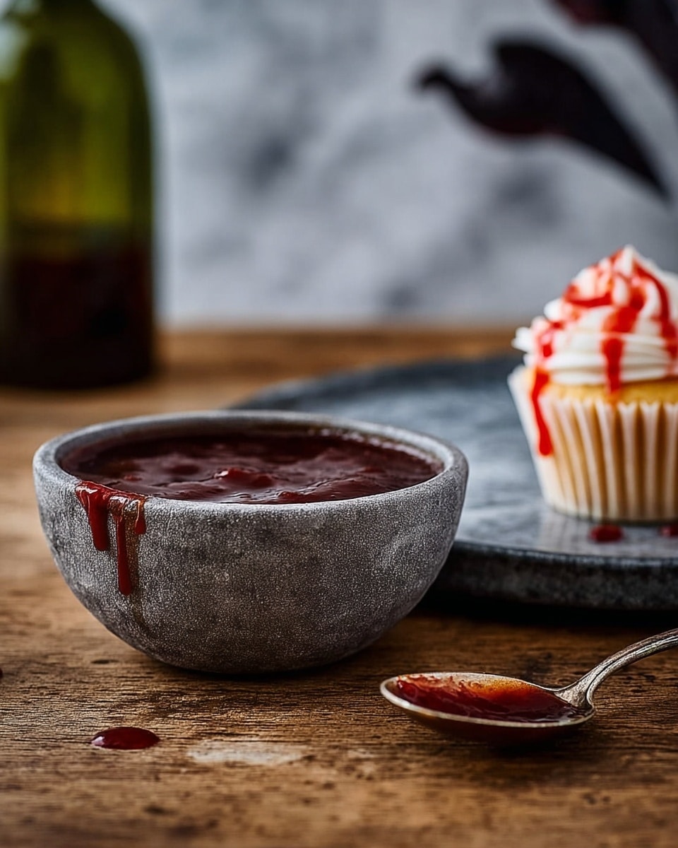 A shallow round bowl with a rough gray stone texture holds a thick, dark red sauce, with some sauce dripping down the side. Nearby on the right, a cupcake with light yellow frosting and red sauce drizzled on top sits in a white cupcake liner, placed on a dark gray textured plate. A metal spoon with a drop of red sauce on the tip rests on a wooden surface, which is replaced by a white marbled texture. The background is a muted, soft blur with a green bottle and a dark abstract object. Photo taken with an iphone --ar 4:5 --v 7