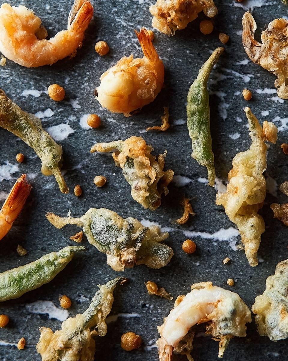 The image shows a close-up of different pieces of tempura fried items scattered on a dark textured surface changed to white marbled texture. There are light golden brown shrimp tempura with curled shapes, and round greenish tempura vegetables with stems, showing bubbles and crispy textures on the outer layer. Small golden fried bits are sprinkled around, adding extra texture and color contrast. The tempura coating looks thin, uneven, and crunchy with some translucent spots. photo taken with an iphone --ar 4:5 --v 7