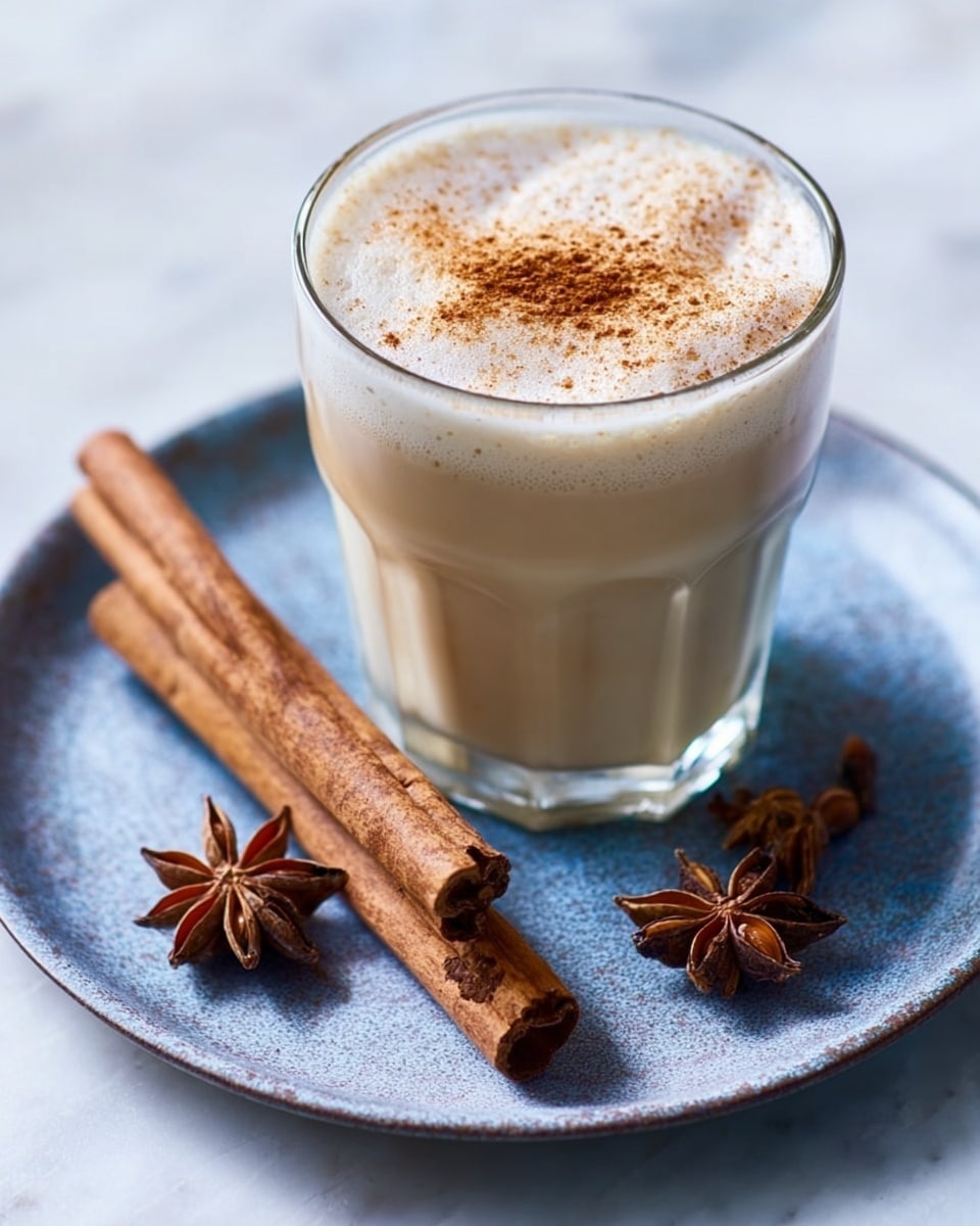 A clear glass filled with a creamy, frothy drink that is light beige in color, topped with a light dusting of cinnamon powder; the glass sits on a white plate with a slightly raised edge, placed on a white marbled surface. Next to the glass on the plate are two long cinnamon sticks placed diagonally, with two star anise pods adding a decorative touch nearby. The background is softly blurred in light blue and white tones, highlighting the drink as the main focus. Photo taken with an iphone --ar 4:5 --v 7