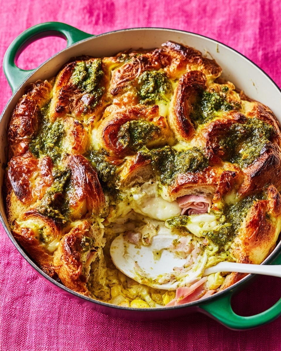 A round green-handled pot holds a baked croissant dish with three main visible layers: the bottom layer is a golden, slightly browned custard base; in the middle, folded golden croissants with a flaky texture are layered unevenly, interspersed with pink slices of ham; the top layer has melted yellow cheese, browned in spots, and dollops of green pesto sauce scattered over it, adding texture and color contrast. A white spoon rests inside the pot, digging into the bottom-left portion, revealing the layers clearly. The pot sits on a bright pink cloth over a white marbled surface. Photo taken with an iphone --ar 4:5 --v 7