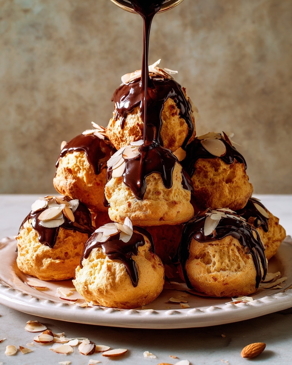 A white scalloped plate holds a stack of ten golden brown cream puffs arranged in three uneven layers: the bottom layer with five, the middle with four, and one on top. Each cream puff has a rough, slightly cracked surface and is generously drizzled with thick, shiny dark chocolate sauce that drips down the sides. Thin pale almond slices are scattered over the chocolate and around the plate. A dark chocolate sauce is being poured from above onto the top cream puff, creating a glossy effect. The scene is set on a brown surface with a white marbled background. photo taken with an iphone --ar 4:5 --v 7