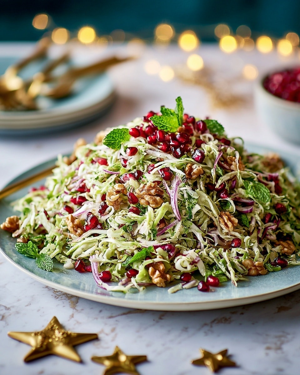 A colorful salad is shown on a white plate with a dark blue inner surface, piled high in a loose mound. The salad has three layers: the base layer is light green shredded cabbage and leafy greens with a creamy texture, mixed with thin slices of reddish-purple onion adding a crisp contrast. Scattered on top are small, shiny red pomegranate seeds and uneven chunks of light brown walnuts, adding a crunchy texture. Small bright green mint leaves are spread throughout the salad, contributing fresh color and freshness. The plate sits on a white marbled surface, with blurred golden lights softly glowing in the background. photo taken with an iphone --ar 4:5 --v 7