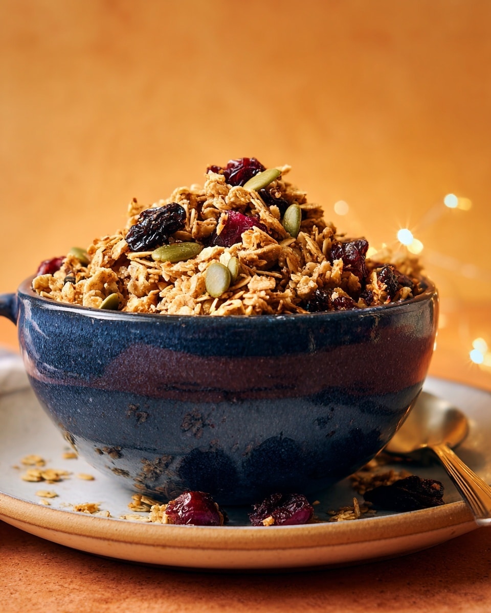 A large blue bowl filled with a mix of granola, dried red berries, sliced nuts, and green seeds, showing a rough texture with small clusters of oats and seeds scattered around the edges. The bowl sits on a white plate with a small spoon resting beside it. The background is a warm orange color, and the scene is brightly lit with light reflections on the bowl and plate. photo taken with an iphone --ar 4:5 --v 7