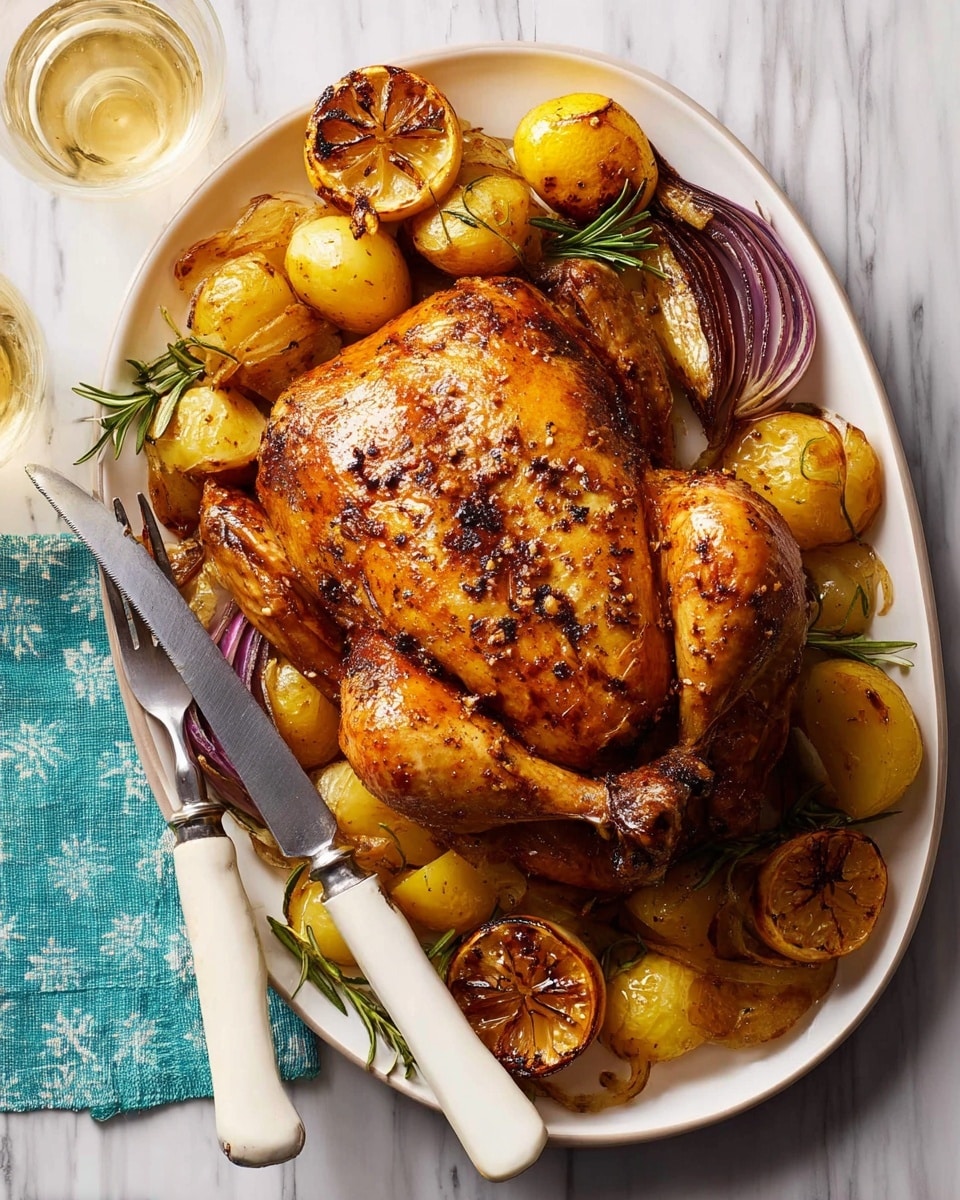 A whole roasted chicken with golden brown, crispy skin sits in the middle of a large white oval dish. Around the chicken, there is a layer of roasted baby potatoes with a light yellow color, some evenly browned roasted red onion pieces, and two halves of a charred lemon with a deep yellow and caramelized surface. The chicken's legs are tied with twine, and a large silver carving fork and knife with white handles rest on the side of the dish. The dish is placed on a white marbled surface, and a glass of white wine is visible in the upper left corner. photo taken with an iphone --ar 4:5 --v 7