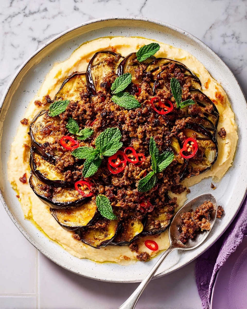 A white plate sits on a white marbled surface, filled with a layered dish. The bottom layer is creamy white, spread evenly across the plate. On top of this base, there are several slices of cooked eggplant, dark purple with golden brown edges, arranged in a scattered pattern. Over the eggplant, there is a generous layer of cooked minced meat, dark brown and crumbly. Bright red slices of chili pepper and fresh green mint leaves are sprinkled on top, adding spots of color. A silver spoon rests on the left side of the plate, with some of the meat mixture on it, and a soft purple cloth and slices of lemon are faintly visible near the top left corner. Photo taken with an iphone --ar 4:5 --v 7