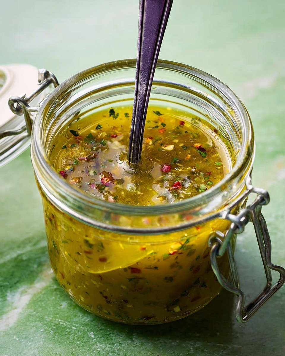 A close-up view of a clear glass jar filled with a thick, yellowish-green sauce or dressing with visible small bits of herbs and spices, small red flecks, and a slightly oily surface. A silver spoon is dipped into the jar, standing upright from the center. The jar is placed on a white marbled textured surface with part of the jar's white lid and metal clasp visible in the upper right corner. Photo taken with an iphone --ar 4:5 --v 7