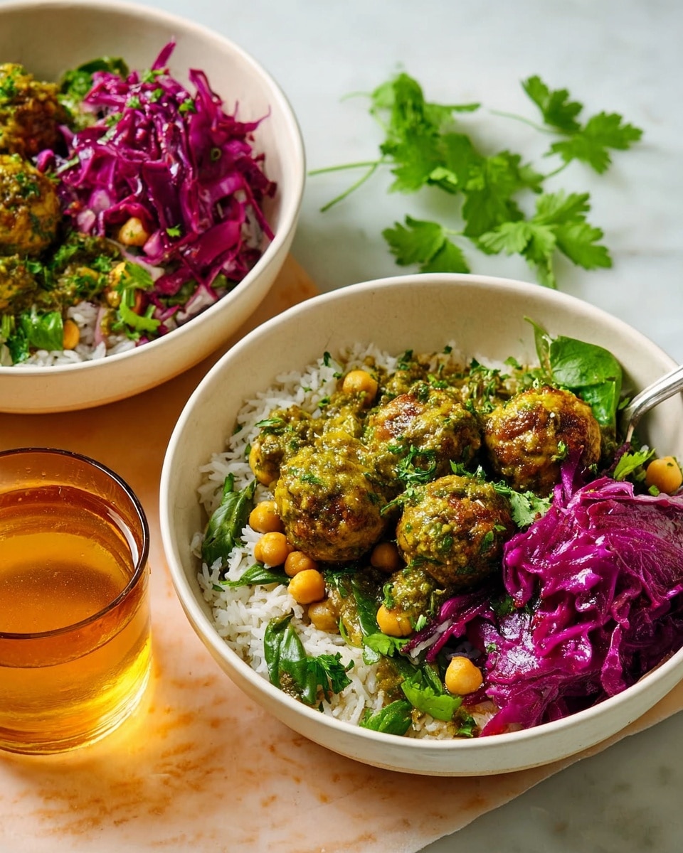 The image shows a white bowl filled with a colorful, layered dish. The bottom layer is light brown rice mixed with pale yellow chickpeas and some green snow peas. On top, there are small greenish-brown meatballs coated in a green sauce and fresh bright green cilantro leaves scattered around. To one side inside the bowl, there is a pile of thinly sliced, bright purple cabbage with a shiny texture, also garnished with some herbs. In the background, there is another similar white bowl with the same dish, and in front of it, a transparent orange glass filled with a drink is visible. The scene is set on a white marbled surface. Photo taken with an iphone --ar 4:5 --v 7