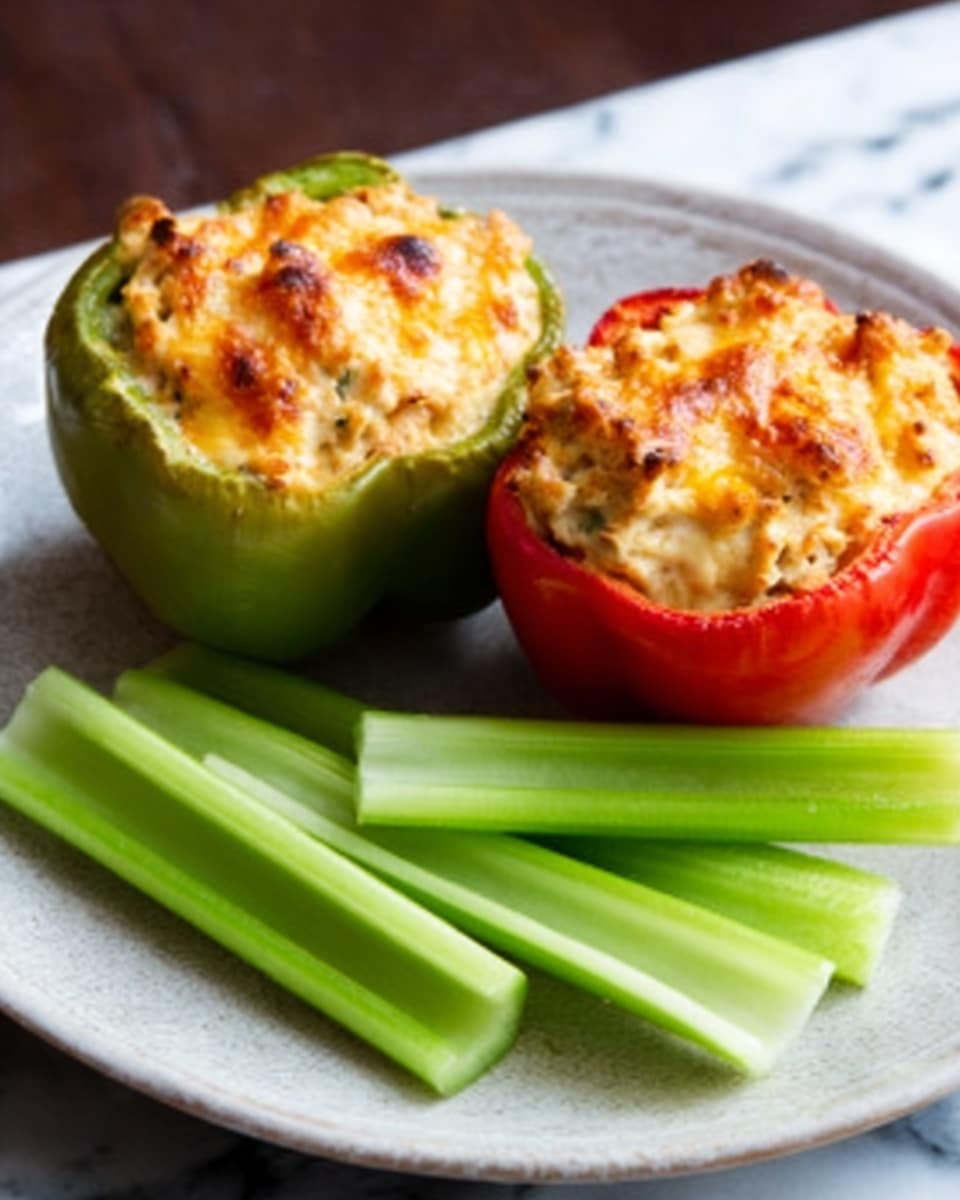 The image shows two stuffed bell peppers, one green and one red, placed on a dark plate that contrasts with the bright colors of the peppers. Each pepper is cut in half and filled with a creamy mixture that is golden brown and slightly bubbly on top, indicating it has been baked. The filling has a smooth texture with small pieces of vegetables or meat visible within it. Around the plate, there are several fresh green celery sticks adding a fresh, crunchy touch to the presentation. The background is a white marbled texture. Photo taken with an iphone --ar 4:5 --v 7