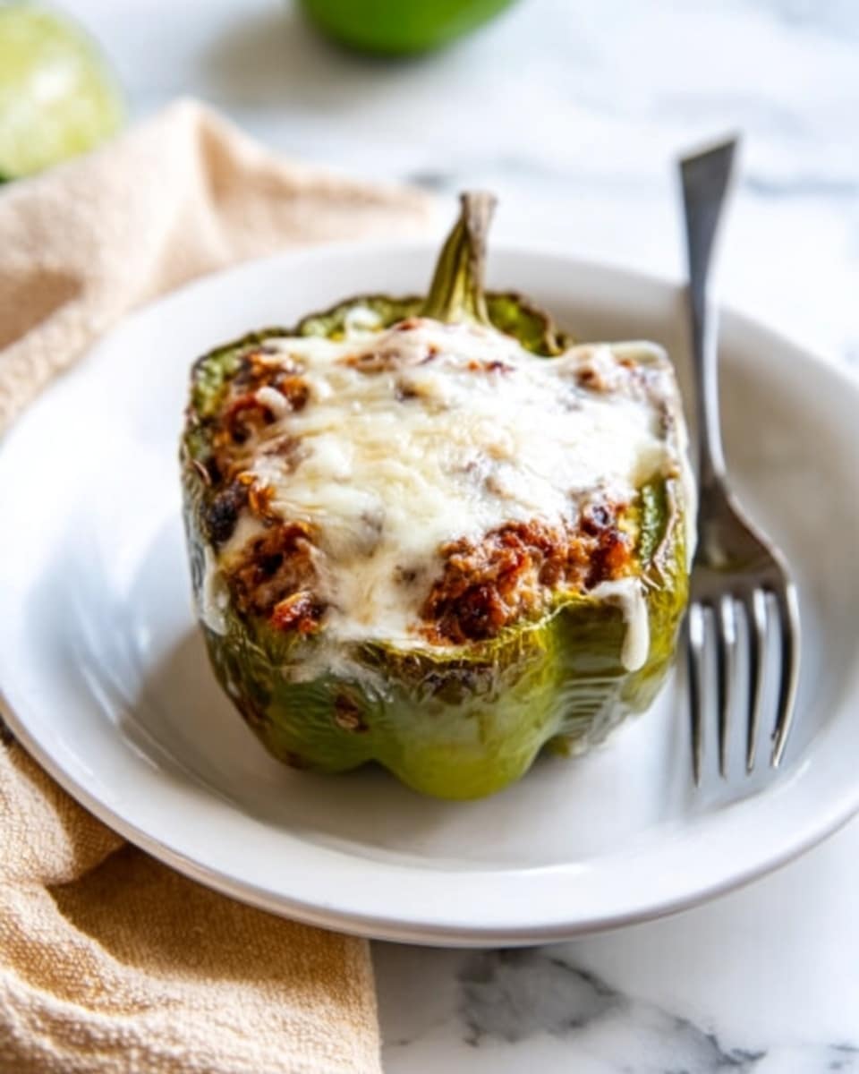 The image shows a stuffed and baked green bell pepper placed on a small white plate. The pepper is cut in half with the top part open, revealing a stuffing made of a reddish-brown mixture, likely tomato-based, and topped with a melted layer of white cheese that is slightly browned in some spots. The pepper’s texture looks soft and cooked, and the cheese on top is gooey and stretchy. The plate sits on a white marbled surface next to a silver fork and knife, with a white cloth napkin underneath them. A green whole bell pepper is partially visible in the background. Photo taken with an iphone --ar 4:5 --v 7
