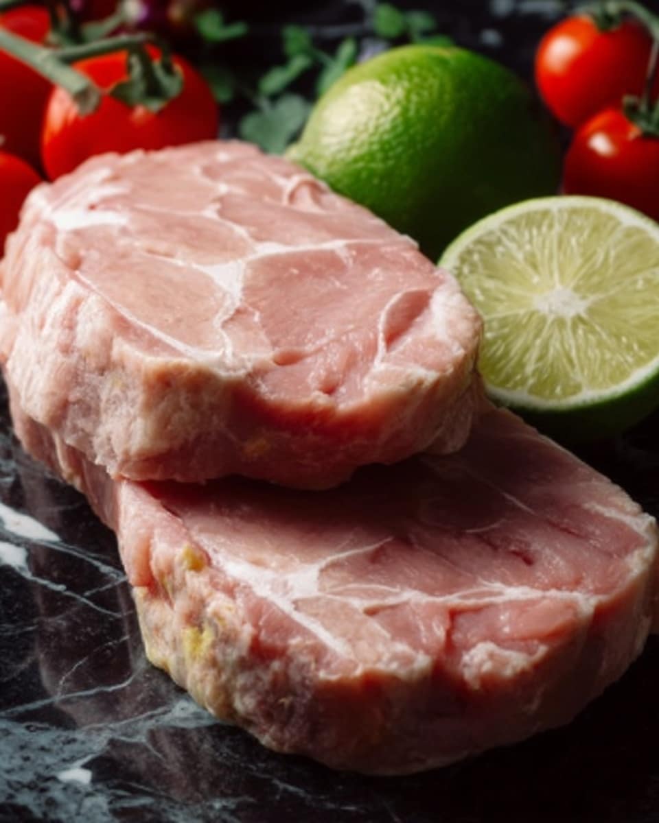 The image shows two thick slices of a light pink meat loaf with a slightly rough texture, placed on a dark round surface, possibly a slate plate. To the right of the meat slices are two halves of a fresh lime with a bright green color and visible juicy segments. In the background, there are several small red tomatoes on the vine, adding a pop of vibrant color. The overall setting is on a white marbled texture. Photo taken with an iphone --ar 4:5 --v 7