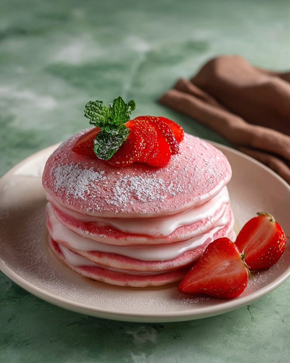 A stack of four fluffy pink pancakes sits centered on a white plate, each pancake showing a smooth texture with a light dusting of powdered sugar on top. Between the layers, there is a thin spread of white cream or frosting visible. On top of the stack, there are three bright red strawberry slices arranged with a small green mint leaf for garnish. On the plate near the base of the pancakes, one whole strawberry and one strawberry slice add vibrant color. The scene is set against a white marbled texture surface with a blurred background. photo taken with an iphone --ar 4:5 --v 7