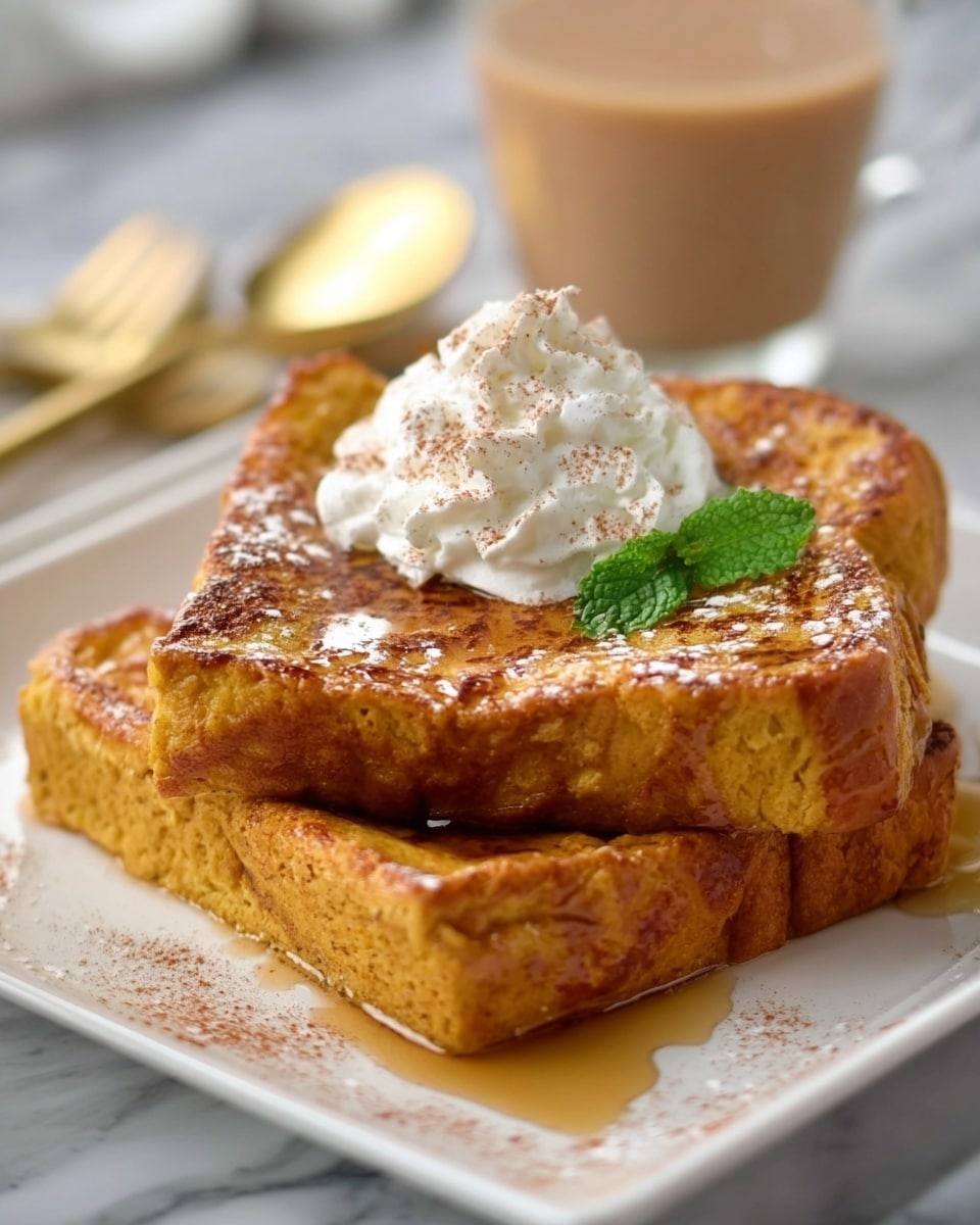 Two thick slices of golden brown French toast are stacked slightly at an angle on a white rectangular plate. The top slice has a dollop of white whipped cream in the center, sprinkled lightly with a dusting of cinnamon or cocoa powder, and a small green mint leaf next to the cream. A shiny layer of syrup glistens on the surface of both slices, pooling a bit on the plate. The French toast looks soft and fluffy with a slightly crisp outer edge. In the background, there is a blurred glass of light brown drink and some gold cutlery on a white marbled surface. photo taken with an iphone --ar 4:5 --v 7