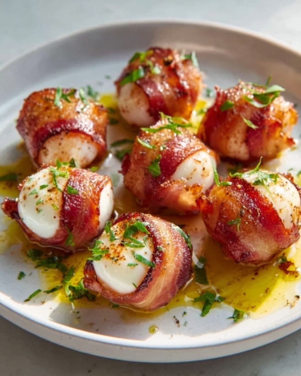 The image shows a white plate filled with eight small balls wrapped in crispy bacon, each topped with finely chopped green herbs. The balls have a creamy white center peeking through the bacon layers, which are golden brown and slightly charred in areas. A light drizzle of oil adds a shiny texture to the dish, and the plate sits on a white marbled surface. photo taken with an iphone --ar 4:5 --v 7
