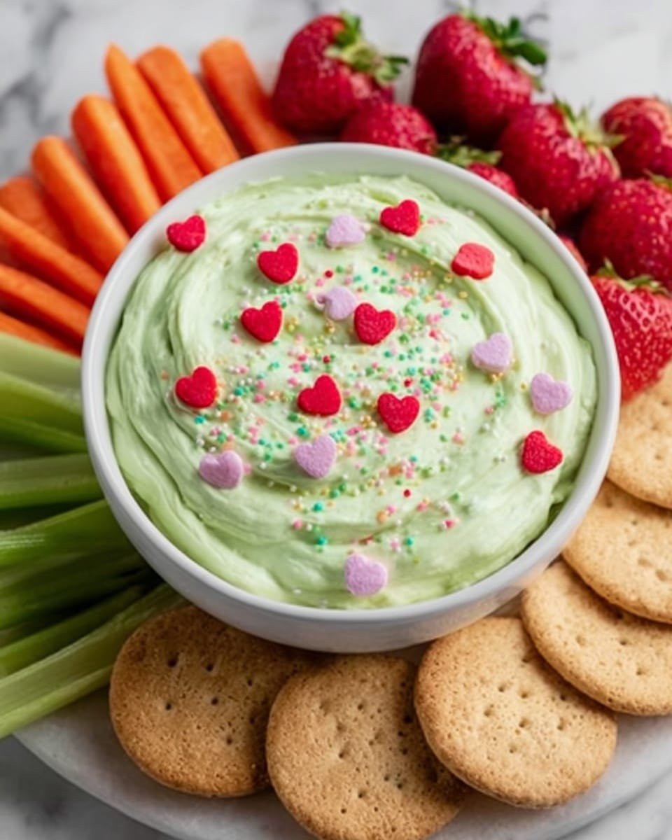 A white bowl filled with a light green creamy dip topped with colorful sprinkles and small heart-shaped candies in red, purple, and pink. Around the bowl, there are crackers, carrot sticks, celery sticks, and strawberries arranged neatly on a white marbled surface. The dip has a smooth and swirled texture with the decorations evenly spread on top. photo taken with an iphone --ar 4:5 --v 7