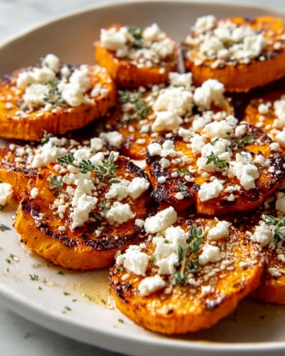 The image shows a white plate filled with round slices of roasted orange sweet potatoes. Each slice is topped with crumbled white cheese, small green herb leaves, and a sprinkle of black pepper. The sweet potatoes have a slightly crispy, browned texture on the edges, giving a warm, roasted look. The cheese looks soft and creamy, contrasting with the rich orange of the sweet potato slices. The plate is set against a white marbled surface. photo taken with an iphone --ar 4:5 --v 7